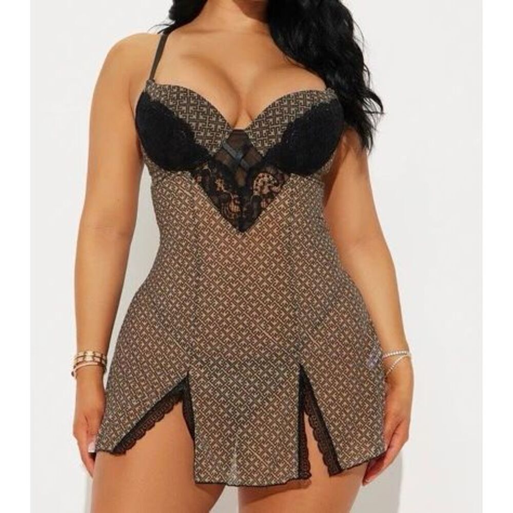 Curve Necessities Mesh Mini Dress Size L Brown Monogram Print Sheer Bodycon Buil